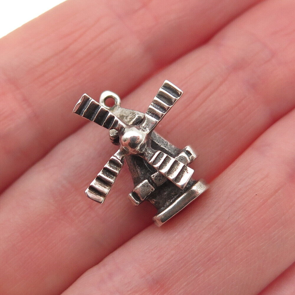 835 Silver Vintage Windmill Oxidized 3D Mini Articulated Charm Pendant